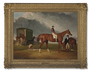 Portret Lord George Bentincks Horse Elis z jeźdźcem, John Day i trenerem, John Doe, Doncaster, 1836 autorstwa Abraham Cooper