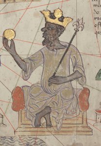 Fragment katalońskiego Atlasu, arkusz 6, przedstawiający intronizowany Mansa Musa, 1375 r autorstwa Abraham Cresques