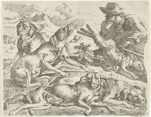 Cztery psy, myśliwy i zając autorstwa Abraham Danielsz. Hondius