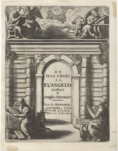 Czterech ewangelistów wokół bramy Strona tytułowa dla: Junius, Franciscus i Marshall, Thomas. Quatuor D.N. Jesu Christi S.S. Evangelia Gothicè & Anglo-Saxonicè, 1665 r autorstwa Abraham Dircksz. Santvoort