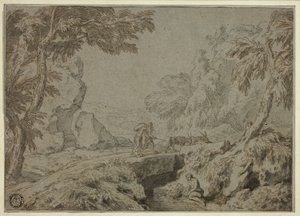 Krajobraz z satyrem, kozami i innymi postaciami autorstwa Abraham Genoels II
