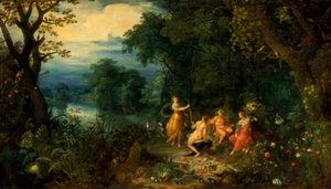 Krajobraz z drewnem, Diana ofiarowuje zająca nimfie, Silenus i Ceres na pierwszym planie, c1614
