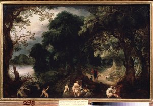„Diane et Acteon” (Diana i Acteon) Diane zaskoczona w kąpieli przez myśliwego Acteona. Obraz Abrahama Govaertsa (1589-1626) ok. 1620 Muzeum Puszkina Moskwa