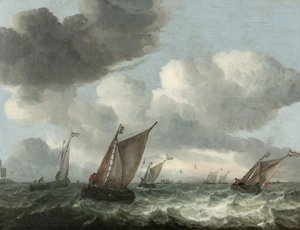 Łodzie rybackie u wybrzeży na wzburzonym morzu (olej na desce) autorstwa Abraham Hendricksz van Beyeren