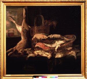 „Martwa natura z rybami i martwym zającem” Obraz Abrahama Hendricksza van Beyerena (1620/21-1690) (ec. holl.) Muzeum Puszkina XVII w., Moskwa autorstwa Abraham Hendricksz van Beyeren