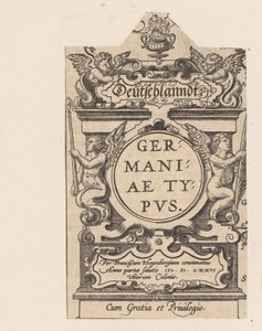 Kartusz spotkał się z vier putti Kartusz van een kaart van Duitsland Niemcy Rodzaj Niemiec (tytuł na przedmiocie) Theatrum Orbis Terrarum (tytuł serii) autorstwa Abraham Hogenberg