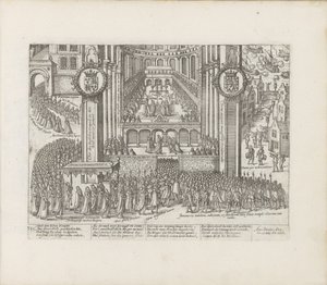 Widok z zewnątrz Opactwa Westminsterskiego podczas koronacji Jakuba I, 1603-1604. autorstwa Abraham Hogenberg