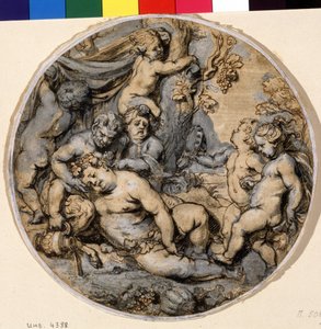 ""Bacchus endormi"" (Śpiący Bachus) Otaczają go putta, satyr Rysunek tuszem Abraham Jansz van Diepenbeeck (1596-1675) XVII-wieczne Muzeum Puszkina, Moskwa
