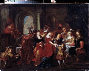 „Uczta Heroda” (Uczta Heroda) Bankiet Heroda (Heroda Antypas), podczas którego córka Herodiady (Salome) żąda na talerzu głowy Jana Chrzciciela (Jean Baptiste), aby ofiarowała ją matce. Głowę świętego umieszcza się na stole. Farba