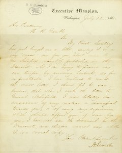 List podpisany A. Lincoln, Executive Mansion, Washington, do Jego Ekscelencji, H.R. Gamble, 23 lipca 1863
