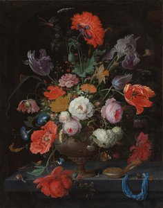 Martwa natura z kwiatami i zegarkiem, ok. 1660-79 (olej na płótnie) autorstwa Abraham Mignon