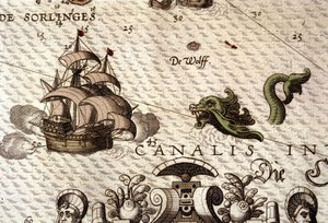 Morski potwór atakujący galeon (karawela). Fragment mapy w „Theatrum Orbis Terrarum” Abrahama Orteliusa, Antwerpia 1584 autorstwa Abraham Ortelius