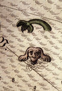 Morski potwór ma głowę psa i ciało ryby. Fragment mapy w „Theatrum Orbis Terrarum” Abrahama Orteliusa, Antwerpia 1584. autorstwa Abraham Ortelius