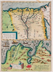 Nowszy opis Egiptu. - Typ zatoki Kartaginy Mapa geograficzna Egiptu z miastami Nilu i Kartaginy (Tunezja) z „Theatrum Orbis Terrarum” Abrahama Orteliusa (Oertel, Ortell lub Ortel