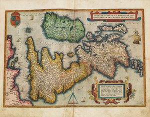 Angliae, Scotiae, et Hiberniae, sive Britannicar: Insularum descriptio (Anglia, Szkocja i Irlandia, zwane inaczej Wyspami Brytyjskimi) autorstwa Abraham Ortelius