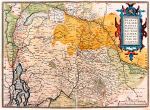 Mapa geograficzna terytorium na południe od Holandii Germanic (Kempeland) zaczerpnięta z „Theatrum Orbis Terrarum” przez Abrahama Orteliusa (Oertel, Ortell lub Ortel autorstwa Abraham Ortelius