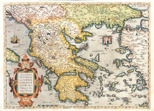Chorwacja (okręg: Dubrownik-Neretwa), południowa Bośnia i Hercegowina, południowa Serbia, południowa Bułgaria, Czarnogóra, Albania, Macedonia, Grecja, zachodnia Turcja autorstwa Abraham Ortelius