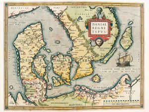 Królestwo Danii Typ Geografia mapa terytorium Danii i południowej Szwecji z „Theatrum Orbis Terrarum” autorstwa Abrahama Orteliusa (Oertel, Ortell lub Ortel autorstwa Abraham Ortelius