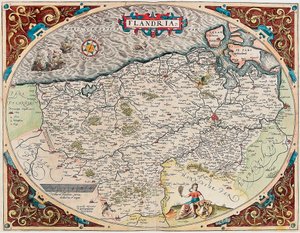 Flandria Mapa geograficzna terytorium Flandrii z „Theatrum Orbis Terrarum” Abrahama Orteliusa (Oertel, Ortell lub Ortel autorstwa Abraham Ortelius