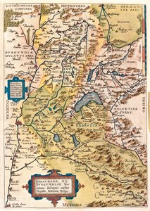 Francja (region: Burgundia, Franche-Comté, Rodan-Alpy, Prowansja-Alpy-Lazurowe Wybrzeże), Szwajcaria (kanton: Basel-Stadt, Basel-Landschaft, Solothurn, Berno, Valais, Jura, Neuchâtel, Fribourg, Vaud, Genewa), Włochy (region: Dolina Aosty) autorstwa Abraham Ortelius