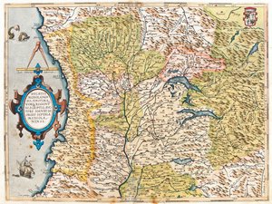 Francja (region: , Franche-Comté, Rodan-Alpy, Prowansja-Alpy-Lazurowe Wybrzeże), południowa Szwajcaria, Włochy (region: Liguria, Piemont, Dolina Aosty, Lombardia, zachodni Trydent-Górna Adyga, zachodnia Emilia-Romania, północno-zachodnia Toskania) autorstwa Abraham Ortelius