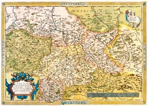 Niemcy (Kraj związkowy: Dolna Saksonia, Saksonia-Anhalt, Brandeburgia, Berlin, Hesja, Turyngia, Saksonia, Bawaria), Republika Czeska (Region: Liberec, Czechy Środkowe, Praga, Ústí nad Labem, Pilzno, Karlowe Wary) autorstwa Abraham Ortelius