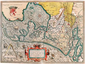 Hollandia antiquorum catthorum sedis nova descriptio, auctore Jacobo a daventria Mapa geograficzna terytorium Holandii z miastami Amsterdam i Haarlem... zaczerpnięta z "Theatrum Orbis Terrarum" Abrahama Orteliusa (Oertel, Ortell lub Orte autorstwa Abraham Ortelius