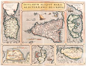 Opis kilku wysp Morza Śródziemnego. Mapa geograficzna śródziemnomorskich wysp Sycylii, Sardynii, Korfu, Malty, Dżerby i Elby (Sycylia, Sardynia, Colfu, Malta Djerba, Elba) z „Theatrum Orbis Terrarum” Abrahama Orteliusa (Oertel, Ortell autorstwa Abraham Ortelius