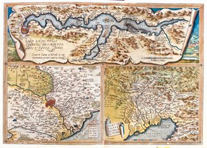 Jezioro Como (Włochy; region: Lombardia), Rzym (Włochy; region: Lacjum), Zatoka Triesteńska (Włochy: region Friuli-Wenecja Julijska; Słowenia: tradycyjny region Slovenian Littoral; Chorwacja: okręg Istria) autorstwa Abraham Ortelius
