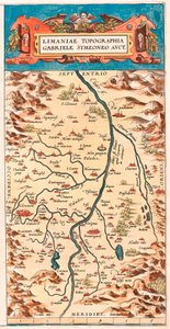 Limaniae ułożyła topografię Gabriele Symeoneo Avct Mapa geograficzna terytorium Loary z zamkami i miastami nad rzeką (Beaumont, Aigueperse, Clermont i Montferan (Montferrand), Beauregard, Cignac, Montaigu, Puy Guillaume...) zaczerpnięta z „Theatru autorstwa Abraham Ortelius