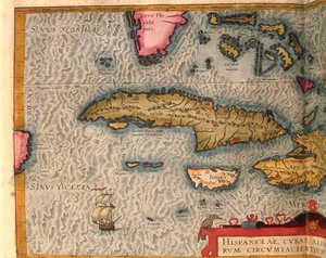 Mapa Kuby i Jamajki z Theatrum Orbis Terrarum autorstwa Abrahama Orteliusa, wydrukowana w Antwerpii autorstwa Abraham Ortelius