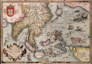Mapa Indii Wschodnich autorstwa Orteliusa, ok. 1570 r. (kolorowa rycina) autorstwa Abraham Ortelius