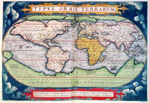 Mapa świata: „Typus Orbis Terrarum”, z „Nowego amerykańskiego świata” Orteliusa