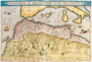 Maroko, Algieria, Tunezja, zachodnia Libia, zachodnia Sahara, Mauretania, Senegal, Mali, Niger autorstwa Abraham Ortelius