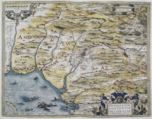 ORTELIUS, Abraham (1527-1598). Theatrum Orbis Terrarum. 1570. Uważany za pierwszy nowoczesny atlas. CHAVES, Jeronimo de (1523-1574). Matematyk, astronom i nawigator. Mapa zachodniej Andaluzji. Oparta na mapie Hieronimusa Chiavesa (Jeronimo d autorstwa Abraham Ortelius