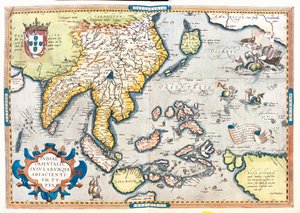 Pakistan, Indie, Sri Lanka, Nepal, Bhutan, Bangladesz, południowe Chiny, Birma, Tajlandia, Laos, Wietnam, Kambodża, Malezja, Brunei, Indonezja, Filipiny, Tajwan, południowa Japonia autorstwa Abraham Ortelius
