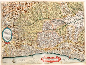 Regiony Piemontu i Vicino Mapa geograficzna terytorium Włoch od Monako we Francji do Genes i przechodząca przez prowincje Imperia de Savona i Genua z „Theatrum Orbis Terrarum” Abrahama Orteliusa ( autorstwa Abraham Ortelius
