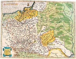 Opis Polski i okolicznych miejscowości. Mapa geograficzna Polski z „Theatrum Orbis Terrarum” Abrahama Orteliusa (Oertel, Ortell lub Ortel autorstwa Abraham Ortelius