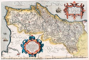 Portugalska mapa geograficzna terytorium Portugalii z „Theatrum Orbis Terrarum” autorstwa Abrahama Orteliusa (Oertel, Ortell lub Ortel autorstwa Abraham Ortelius