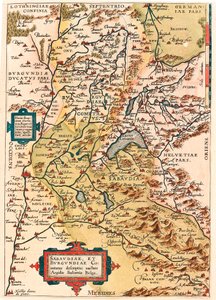 Sabaudia et Burgundiae Comitus opis Mapa terytorium Burgundii i Sabaudii (Pontarlier, Dijon, Jezioro Leman, Szwajcaria) z "Theatrum Orbis Terrarum" Abrahama Orteliusa (Oertel, Ortell lub Ortel). autorstwa Abraham Ortelius