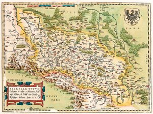 Typ Śląska Opis i opis i redakcja Martin Heilwid Neilsense i Noble Husband Nicolas Rhedinger Anno 1561 Mapa geograficzna terytorium na południe od Frankfurtu w Niemczech koło Polski z „Theatrum Orbis Terrarum” Abrahama Orteliusa ( autorstwa Abraham Ortelius