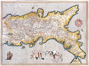 Południowe Lacjum, południowa Marche, Abruzja, Molise, Kampania, Apulia, Basilicata Kalabria, Włochy autorstwa Abraham Ortelius