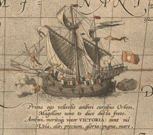 Victoria, hiszpański carrack, statek Ferdynanda Magellana Armada de Molucca. Aus Maris Pacyfik autorstwa Abraham Ortelius
