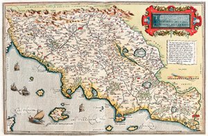 Sociae Opis autora Hieronymo Bellamarto Mapa geograficzna terytorium Toskanii we Włoszech z „Theatrum Orbis Terrarum” autorstwa Abrahama Orteliusa (Oertel, Ortell lub Ortel autorstwa Abraham Ortelius