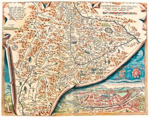 Autentyczny opis miasta Salzburg Mapa geograficzna terytorium Salsburga w Austrii z „Theatrum Orbis Terrarum” autorstwa Abrahama Orteliusa (Oertel, Ortell lub Ortel autorstwa Abraham Ortelius