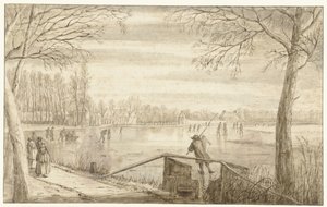 Łyżwiarze na rzece Vecht, niedaleko Maarssen, z posiadłościami Daelwijck i Vechthoven w oddali autorstwa Abraham Rutgers