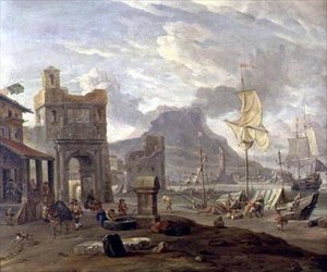 Port morski z dużymi i małymi statkami autorstwa Abraham Storck