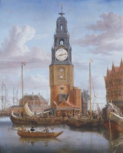 Widok na wieżę Haringspacker w Amsterdamie, z działającą tarczą zegarową wmontowaną w obraz, 1684 (panel) autorstwa Abraham Storck