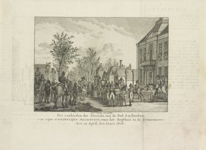Wręczenie kluczy do miasta Ludwikowi Napoleonowi, 1808 Wręczenie kluczy miasta Amsterdam Jego Królewskiej Mości przed Regthuis w Diemermeer; 20 kwietnia 1808 r. (tytuł na obiekcie) autorstwa Abraham Vinkeles
