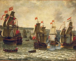 Bitwa morska między holenderskimi i brytyjskimi statkami, epizod pierwszej wojny angielsko-holenderskiej (angielsko-holenderskiej) 1652-1654. Olej na drewnie autorstwa Abrahama Willaertsa (1603-1669).